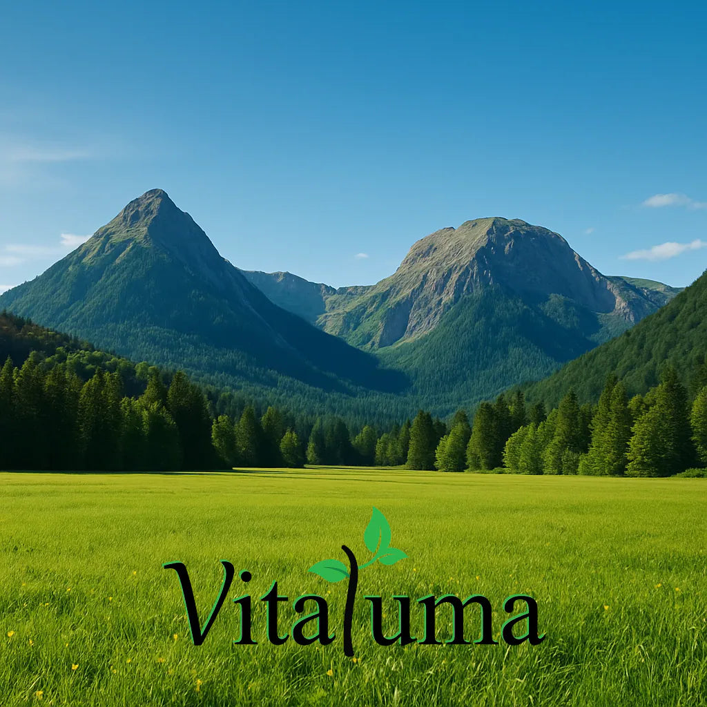 Alpenlandschaft mit grüner Wiese und blauem Himmel, Vitaluma® Logo im Vordergrund.