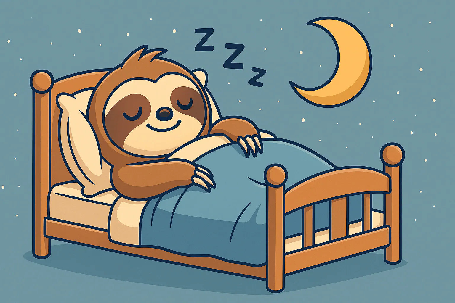 Comic-Illustration eines Faultiers, das entspannt im Bett schläft – Symbol für gesunden Schlaf und Erholung mit Vitaluma®