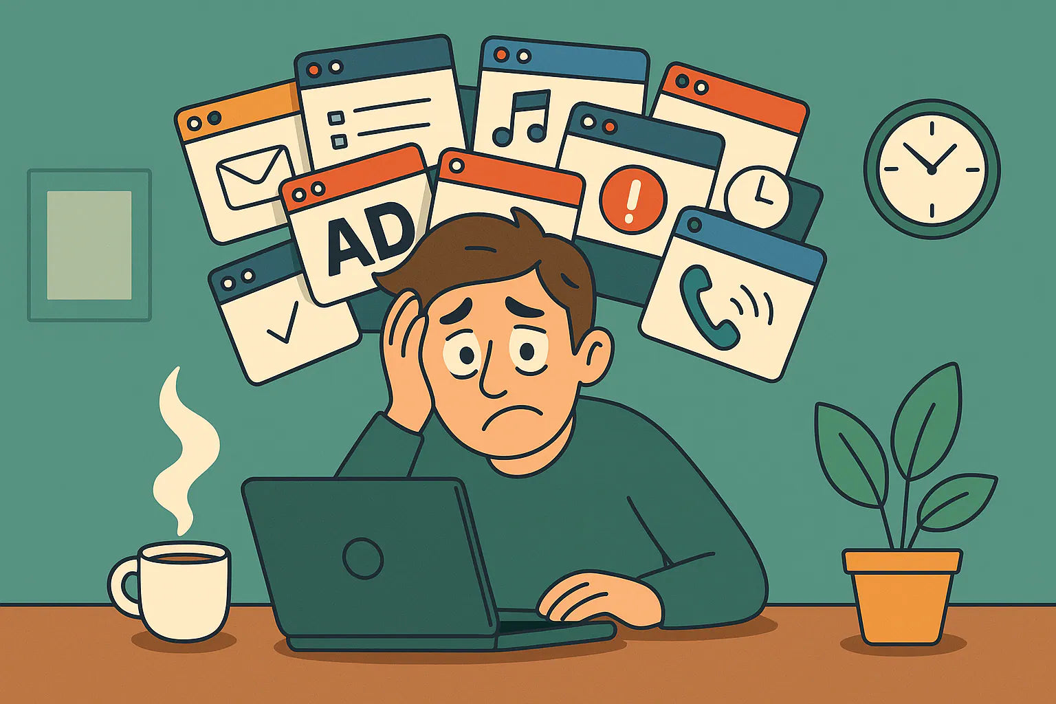 Comic-Stil Illustration: Person mit überlastetem Kopf voller Tabs – Symbol für Stressabbau im Alltag – Vitaluma® Ratgeber