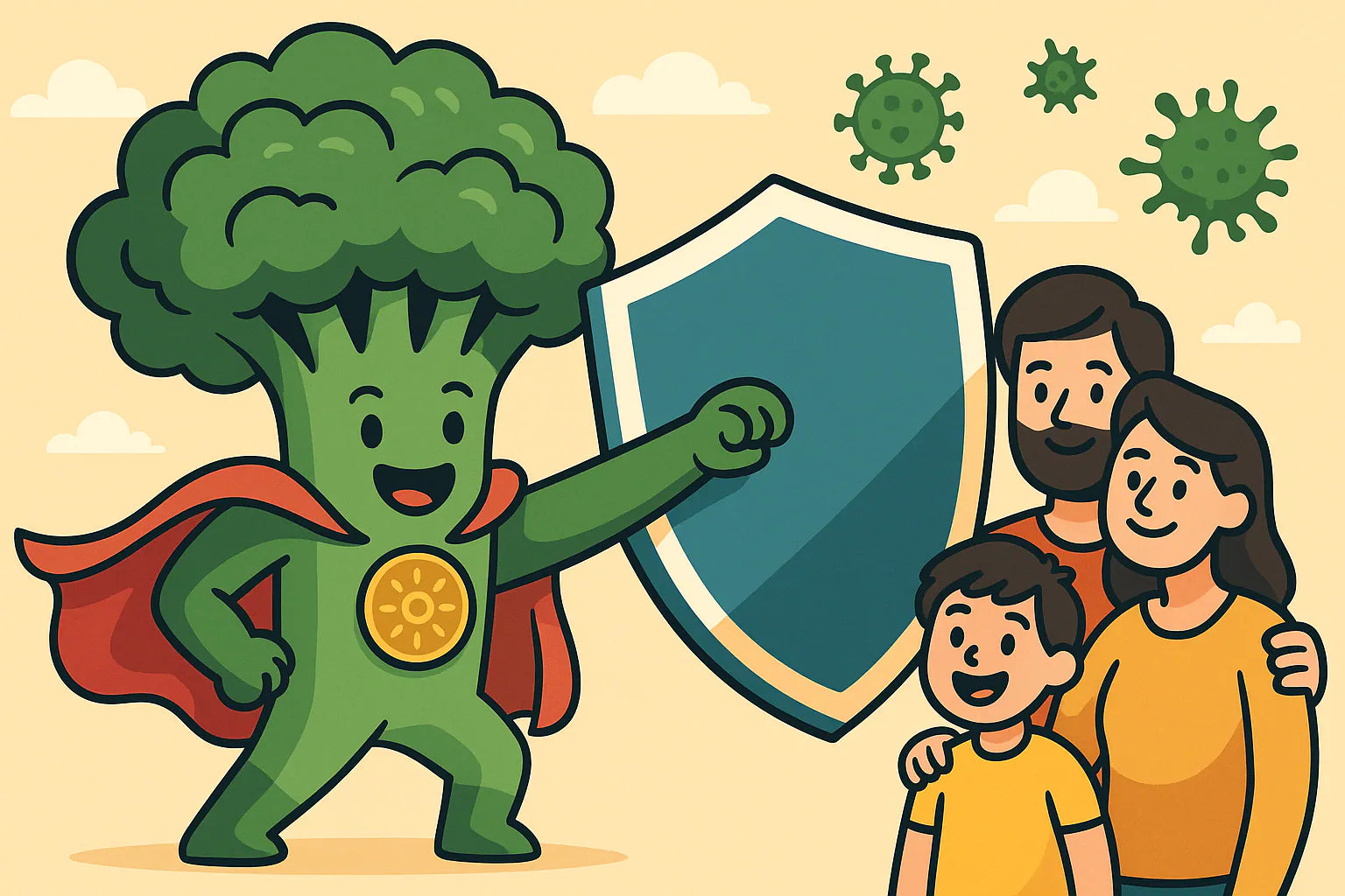 Comic-Illustration: Brokkoli als Superheld – das grüne Superfood stärkt das Immunsystem | Vitaluma®
