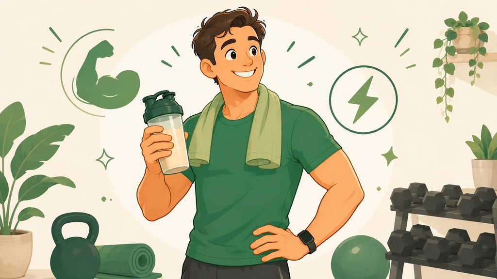 Comic-Illustration: Sportliche Person lächelt nach dem Training mit Trink-Shaker in der Hand – Symbol für Muskelaufbau und Regeneration – Vitaluma® Ratgeber