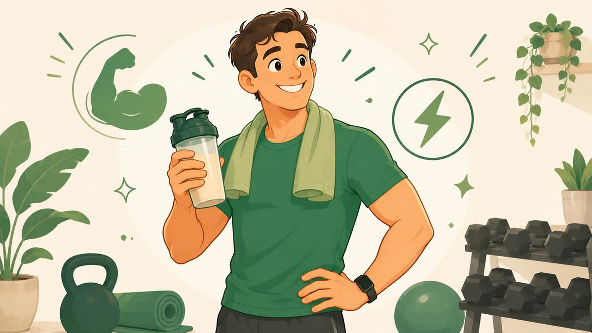 Comic-Illustration: Sportliche Person lächelt nach dem Training mit Trink-Shaker in der Hand – Symbol für Muskelaufbau und Regeneration – Vitaluma® Ratgeber