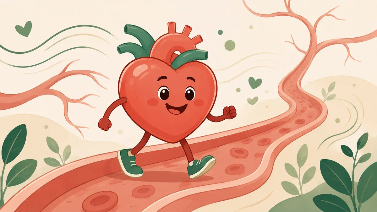 Comic-Illustration: Stilisiertes Herz-Symbol geht spazieren, im Hintergrund sanft geschwungene Gefäßlinien – Symbol für Herz-Kreislauf-Gesundheit – Vitaluma® Ratgeber