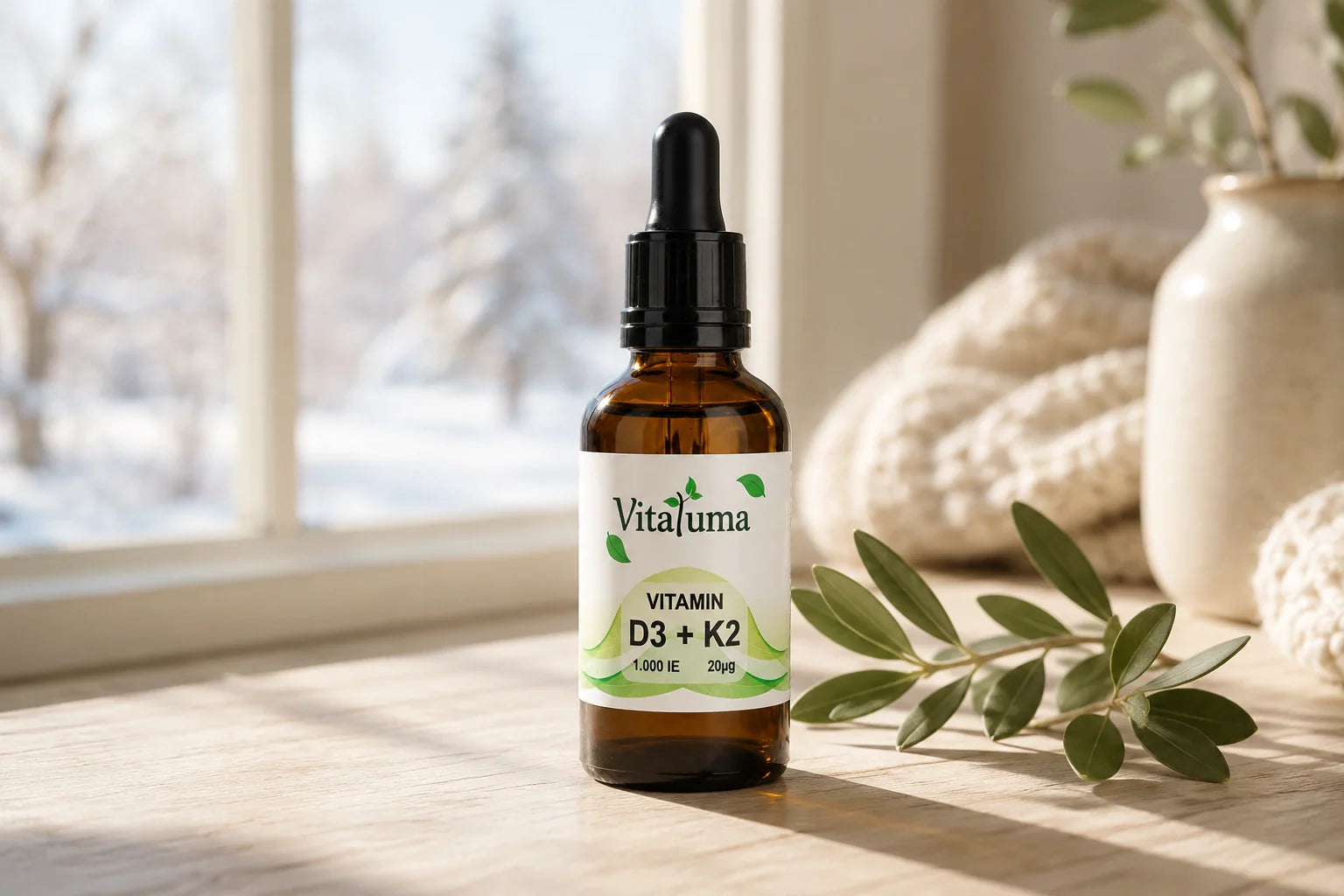 Vitaluma Vitamin D3+K2 auf hellem Holz im winterlichen Tageslicht