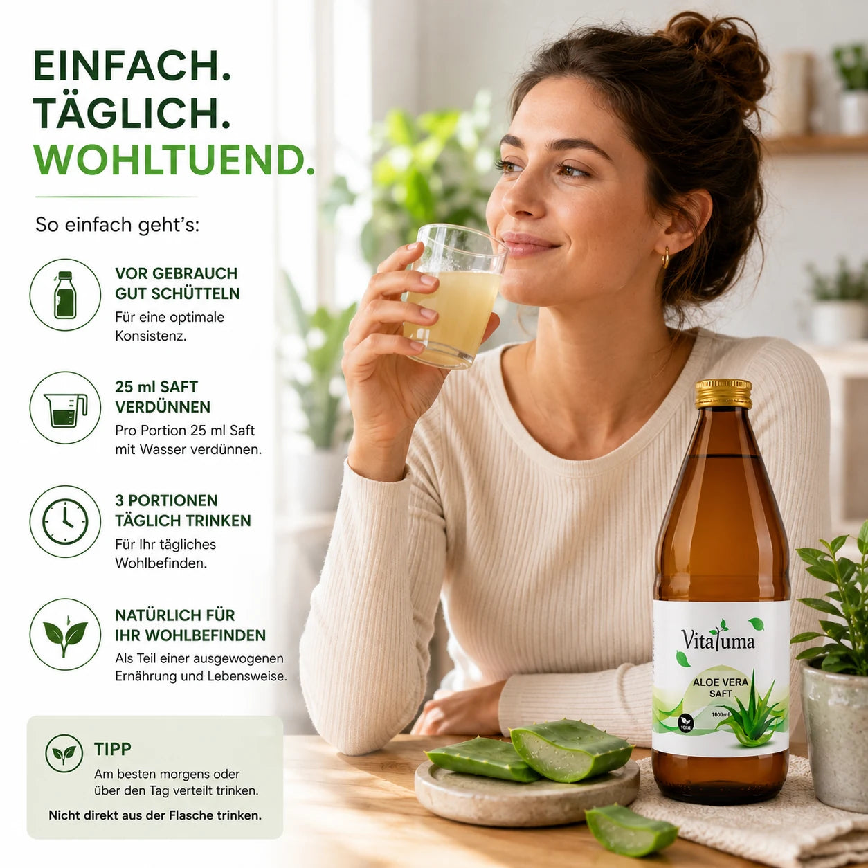 Vitaluma Aloe Vera Saft in der täglichen Anwendung – naturreiner Direktsaft einfach mit Wasser verdünnt genießen