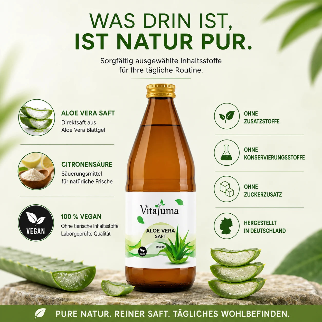 Vitaluma Aloe Vera Saft mit Aloe Vera Blattgel und Citronensäure – hochwertige Rezeptur ohne unnötige Zusätze