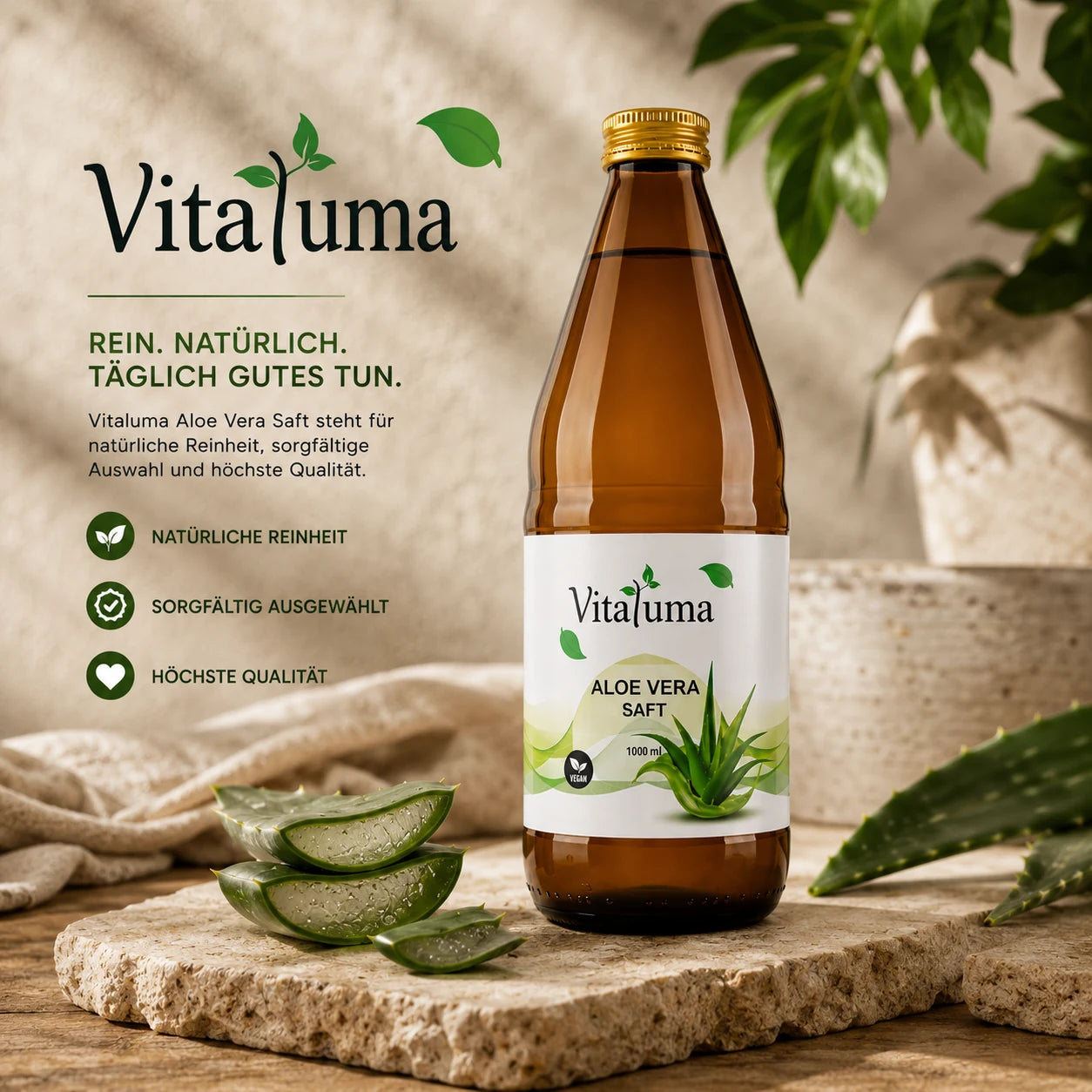 Vitaluma Aloe Vera Saft Premium-Qualität – naturreiner Direktsaft aus Aloe Vera Blattgel in hochwertiger Glasflasche