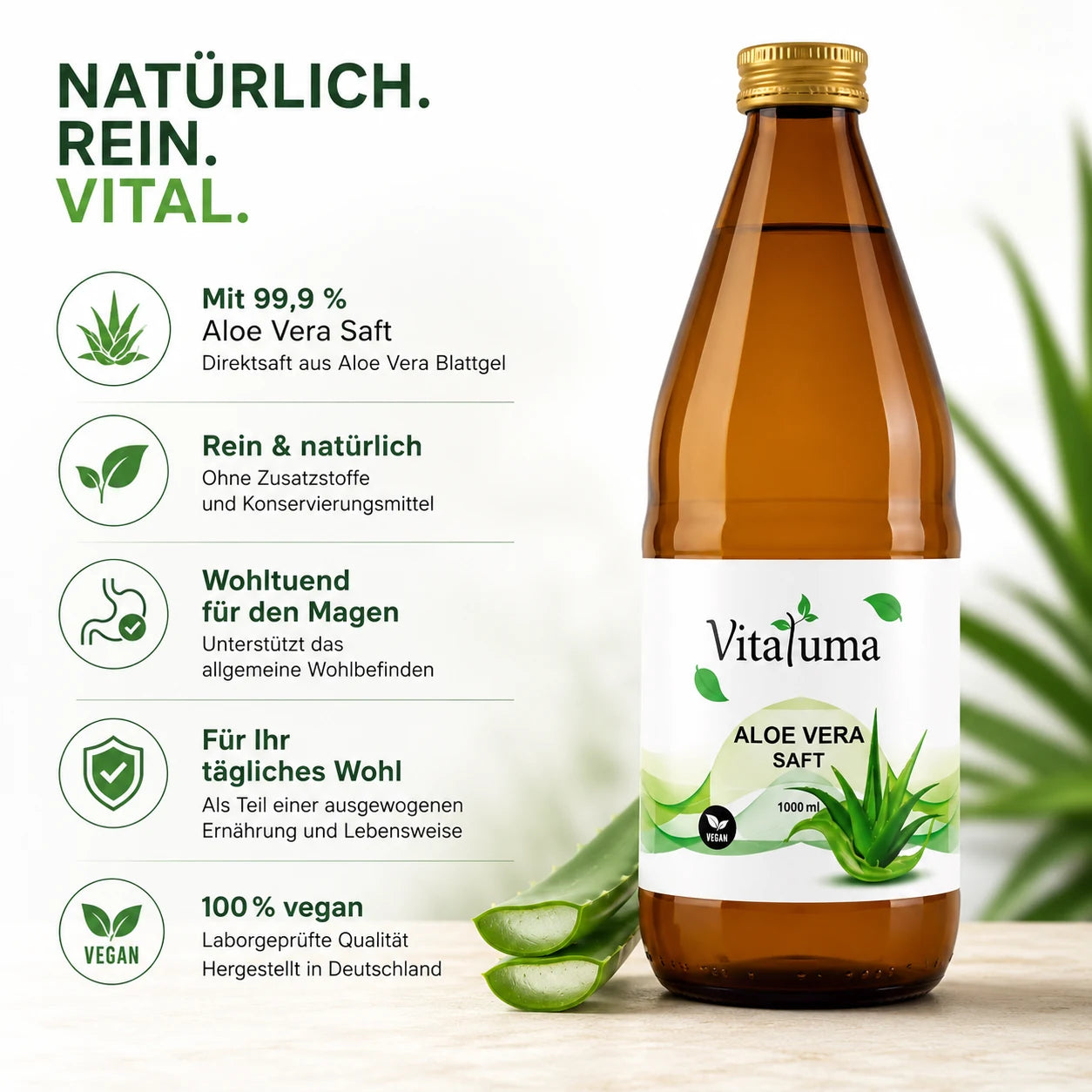 Vitaluma Aloe Vera Saft mit 99,9 % Aloe Vera Blattgel – naturreiner Direktsaft für bewusste Ernährung und Wohlbefinden
