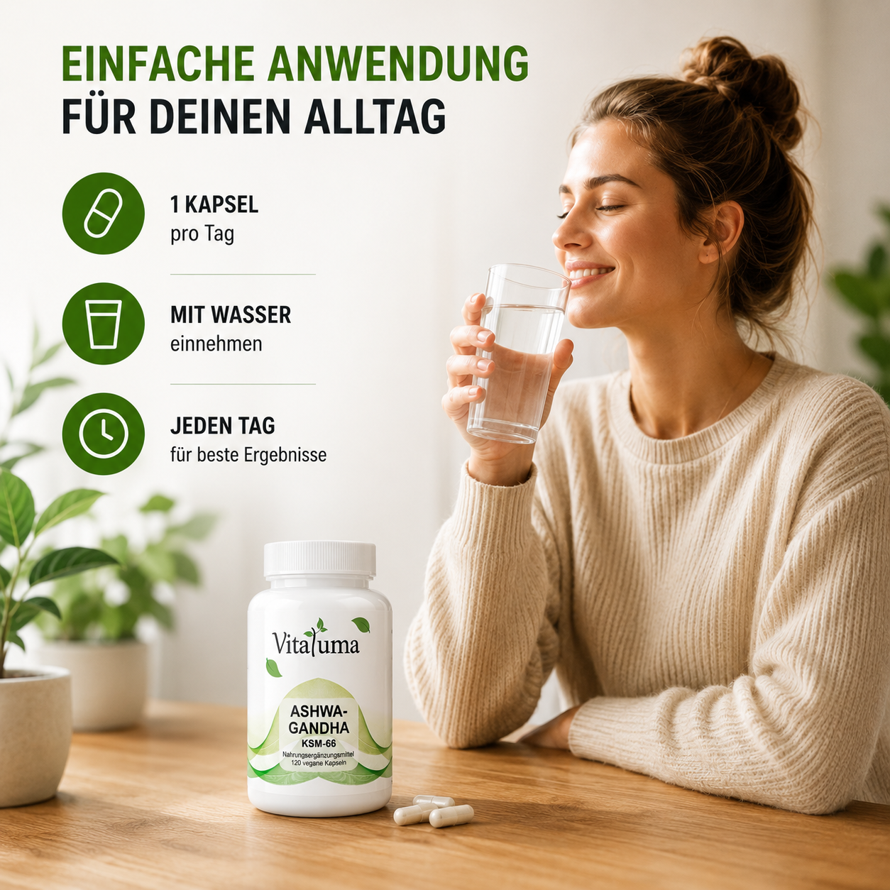 Vitaluma Ashwagandha KSM-66 einfache tägliche Anwendung mit Wasser für eine bewusste Routine