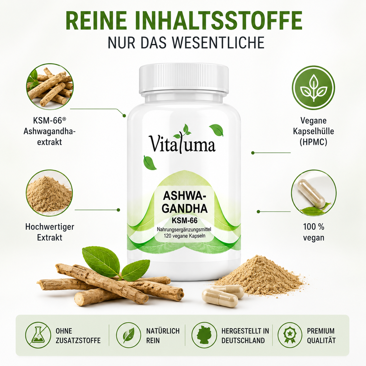 Vitaluma Ashwagandha KSM-66 mit veganer Kapselhülle und hochwertigem Ashwagandhaextrakt im Überblick