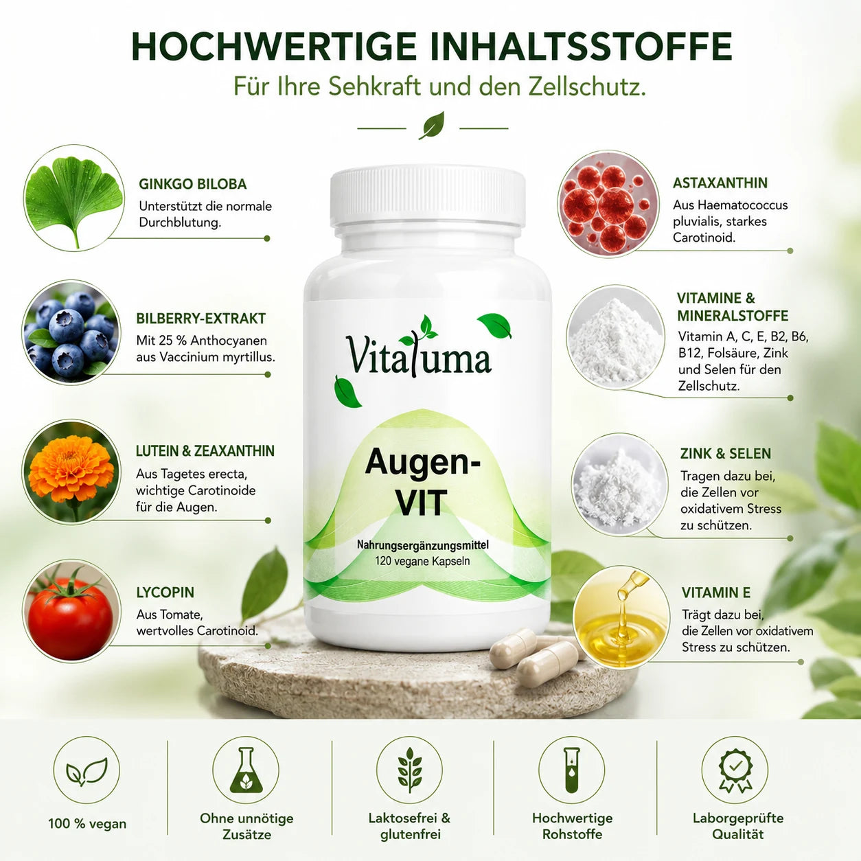 Vitaluma Augen-VIT mit Ginkgo Biloba, Bilberry-Extrakt, Lutein, Zeaxanthin und antioxidativen Mikronährstoffen