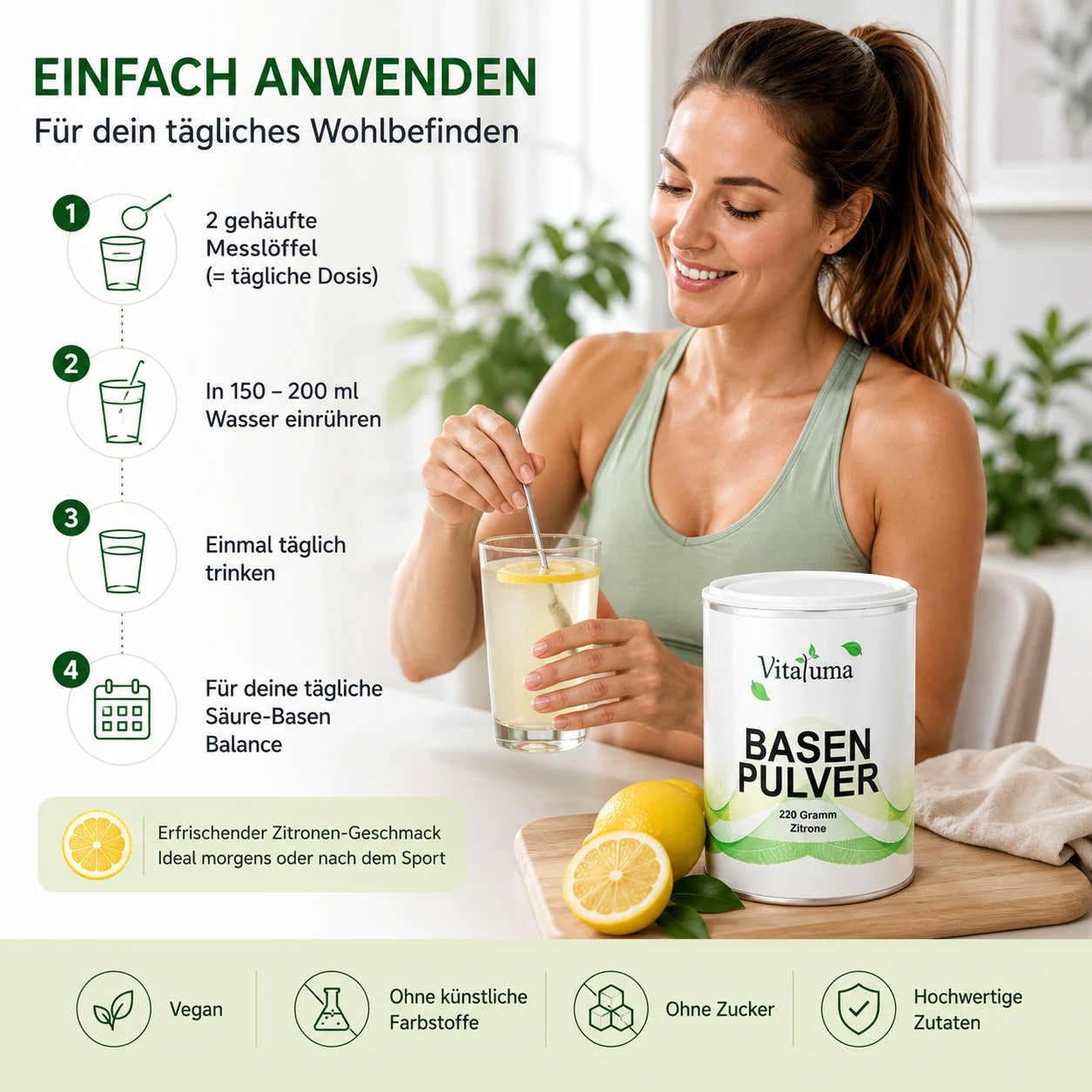 Vitaluma Basenpulver Zitrone einfach in Wasser einrühren und täglich als Mineralstoffgetränk genießen