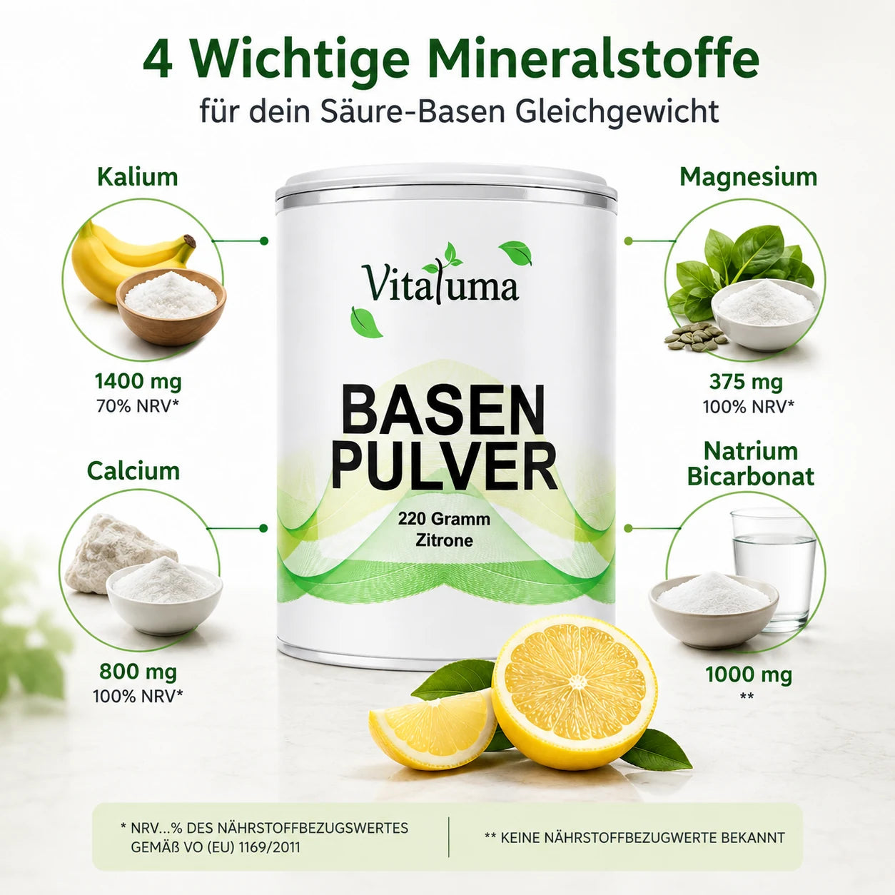 Vitaluma Basenpulver Zitrone mit Kalium, Magnesium, Calcium und Natriumbicarbonat im Überblick