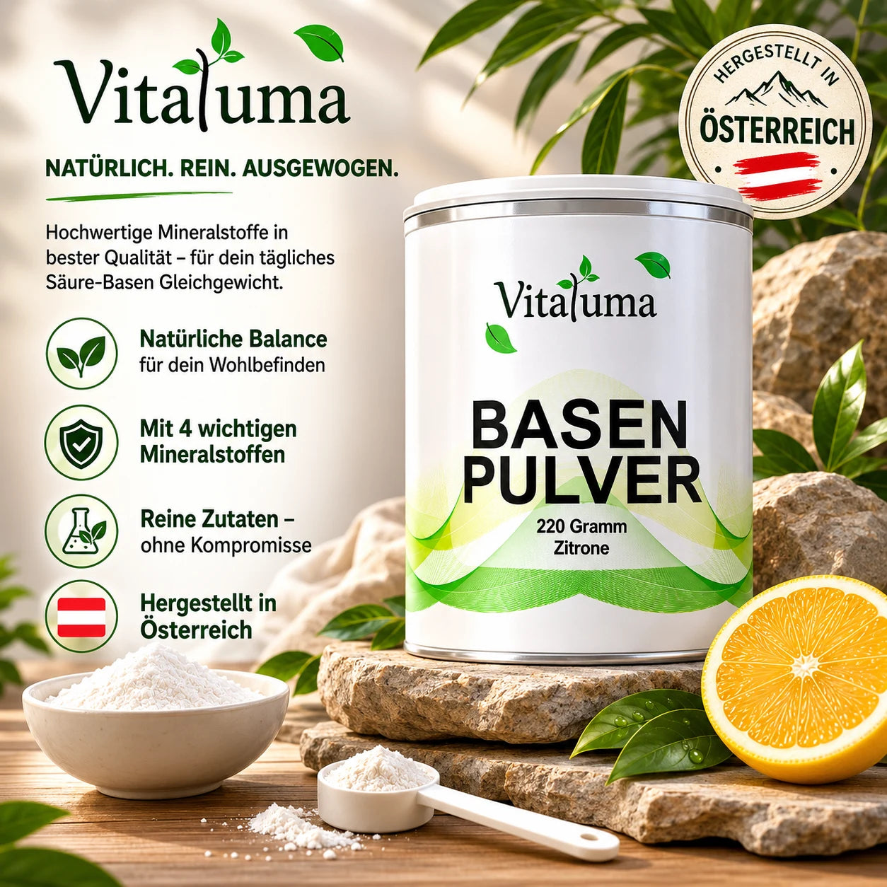 Vitaluma Basenpulver Zitrone hergestellt in Österreich mit hochwertigen Mineralstoffen und Zitronengeschmack