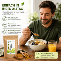 Vitaluma Bienenpollen zur täglichen Anwendung beim Frühstück mit Joghurt, Obstsalat oder Apfelsaft kombiniert