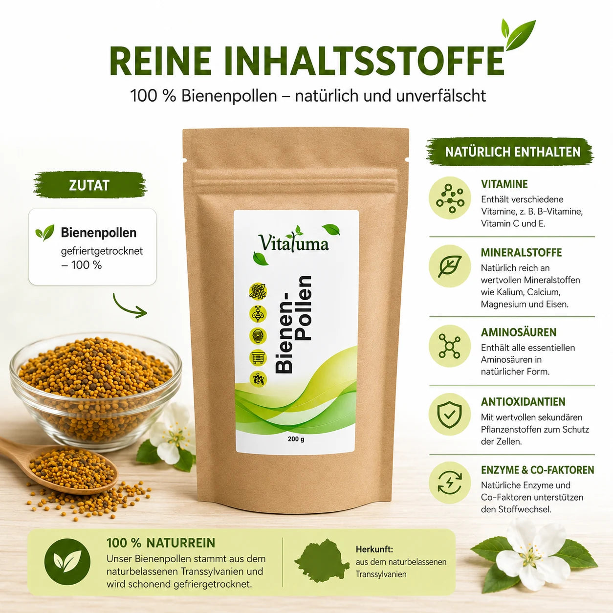 Vitaluma Bienenpollen mit 100 Prozent gefriergetrockneten Bienenpollen aus dem naturbelassenen Transsylvanien