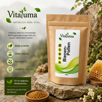 Vitaluma Bienenpollen 200 g hochwertig in natürlicher Umgebung mit Pollen und Bienenwabe als Premium Markenbild