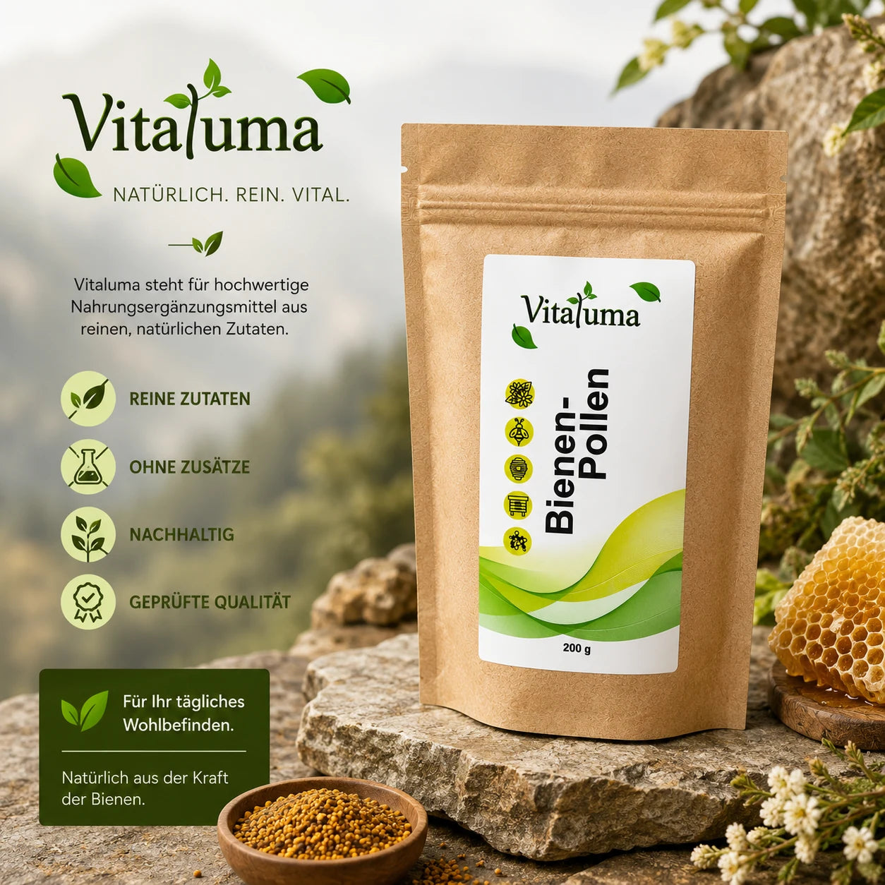 Vitaluma Bienenpollen 200 g hochwertig in natürlicher Umgebung mit Pollen und Bienenwabe als Premium Markenbild