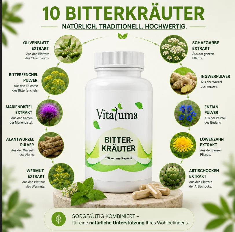 Vitaluma Bitterkräuter mit Olivenblatt, Ingwer und Artischocke als hochwertige Kräuterkombination