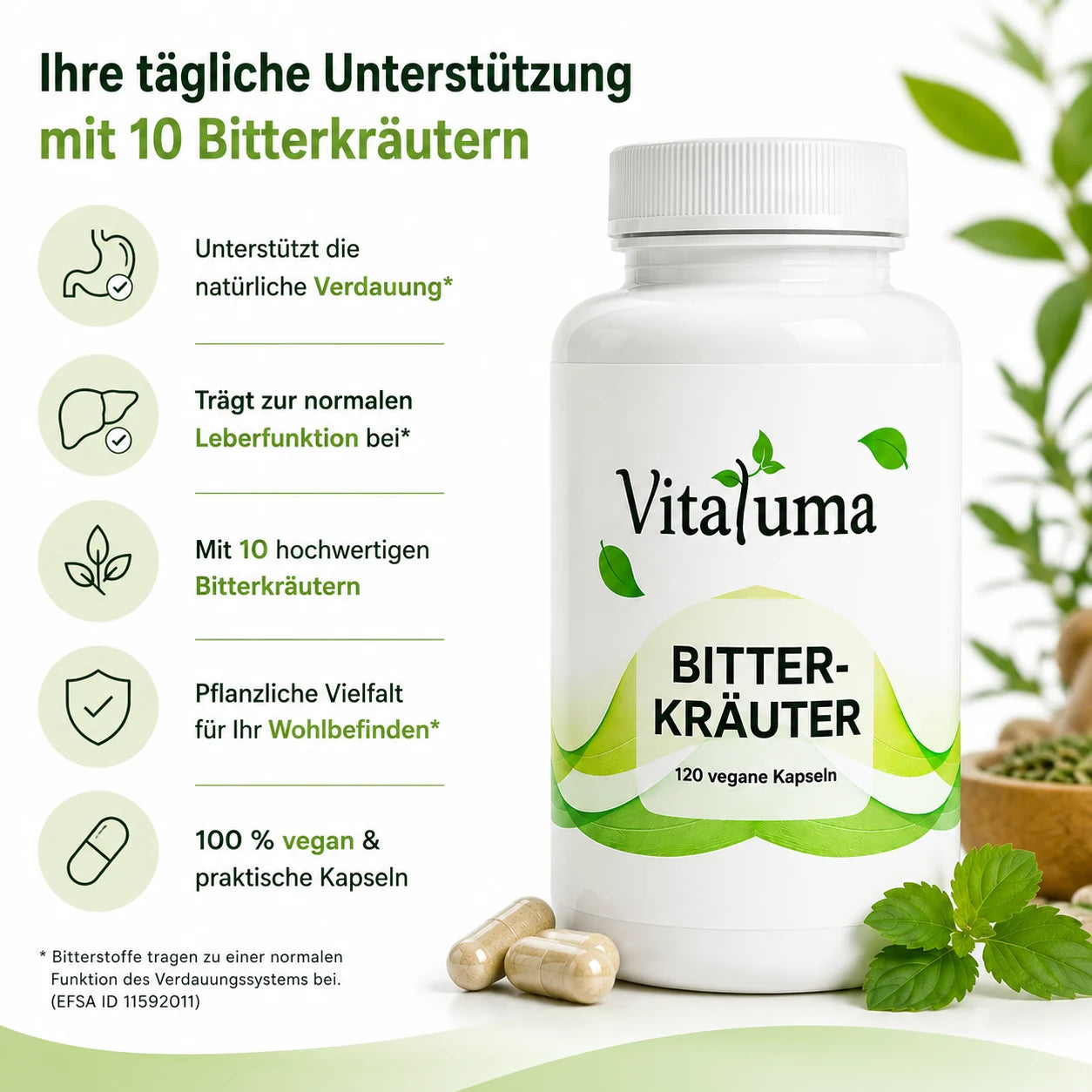 Vitaluma Bitterkräuter Kapseln mit ausgewählten Bitterstoffen zur täglichen Unterstützung des Wohlbefindens