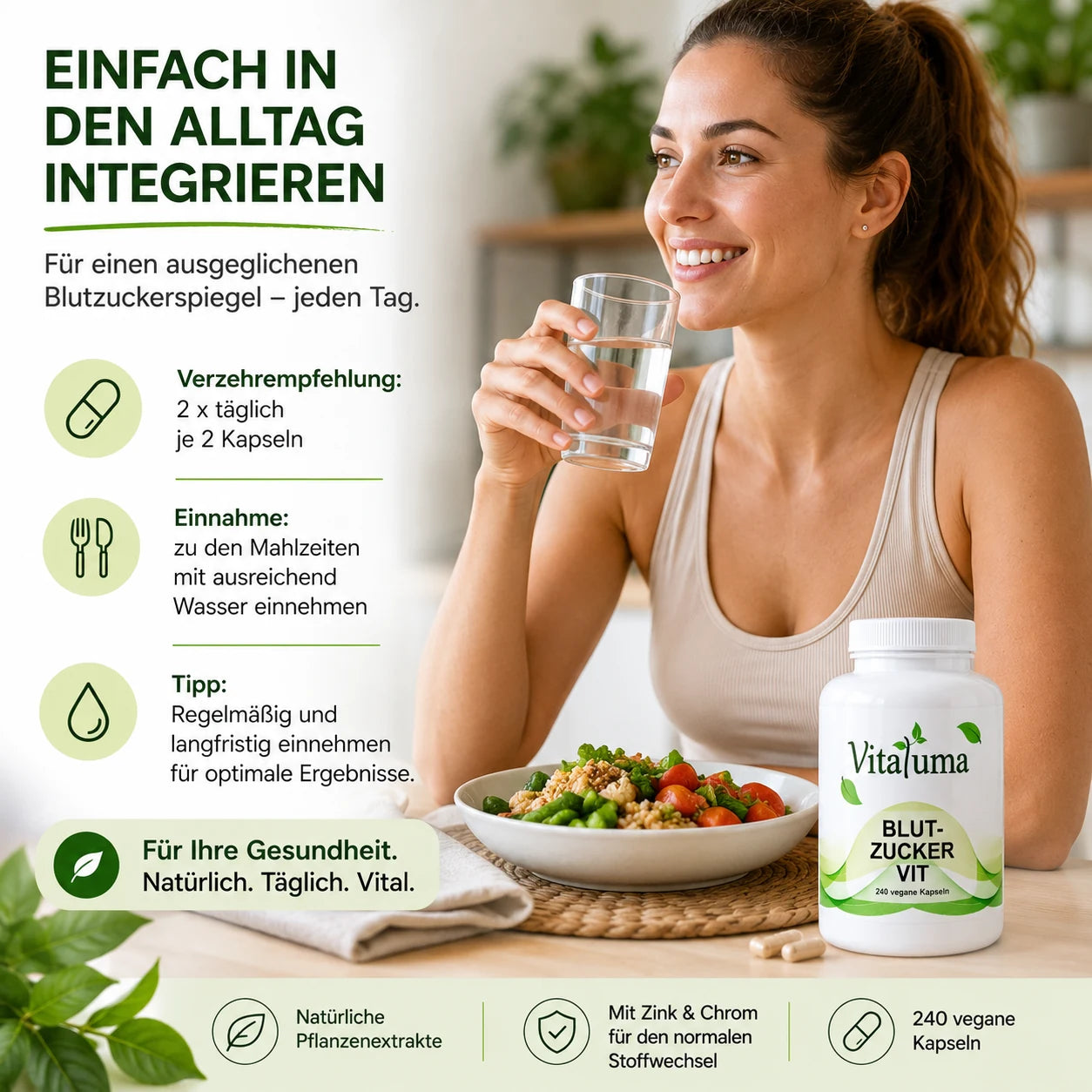 Vitaluma Blutzucker VIT für die tägliche Einnahme zu den Mahlzeiten mit praktischer Kapselform