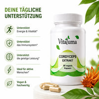 Vitaluma Cordyceps Extrakt mit veganen Kapseln und übersichtlicher Darstellung der wichtigsten Produktvorteile