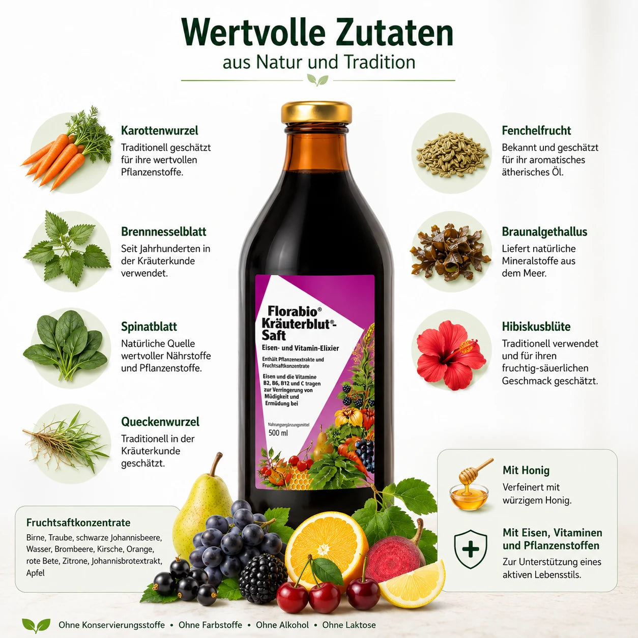 Florabio Kräuterblut Saft mit Kräuterauszügen, Fruchtsaftkonzentraten, Eisen und Vitaminen in hochwertiger Rezeptur