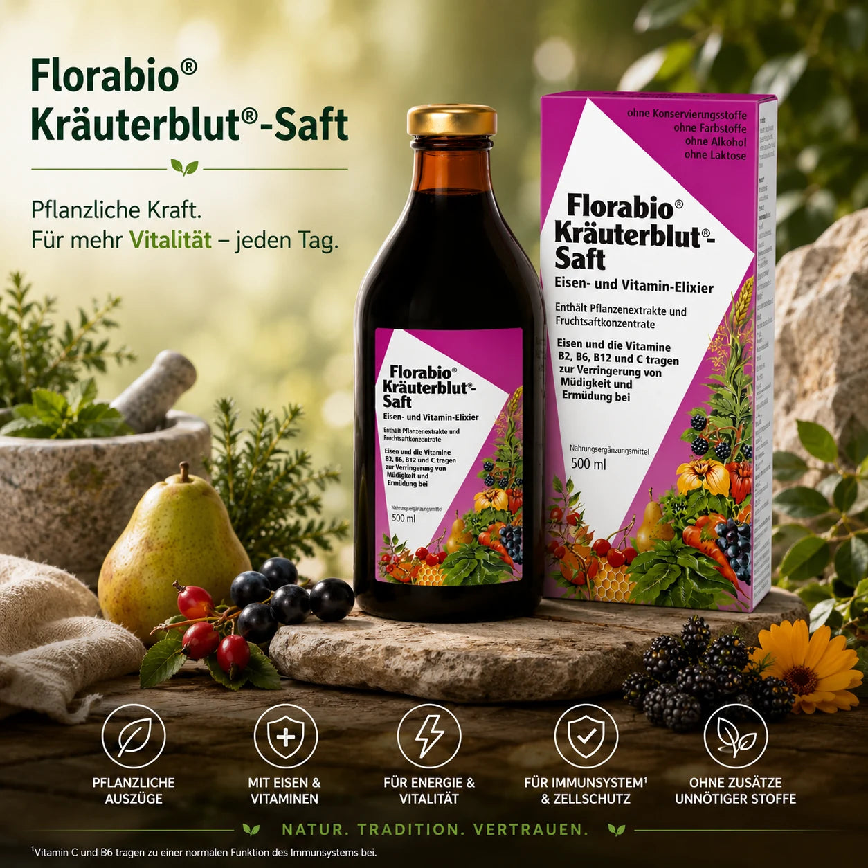 Florabio Kräuterblut Saft Premium Nahrungsergänzung mit pflanzlichen Auszügen für Vitalität und Wohlbefinden