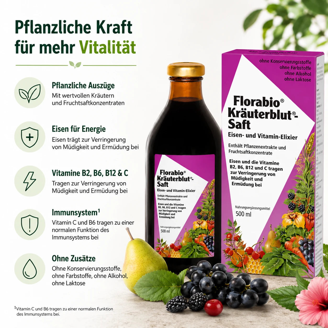 Florabio Kräuterblut Saft mit Eisen, Vitamin C und B-Vitaminen zur Unterstützung von Energie und Immunsystem