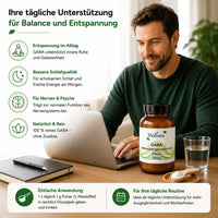 Vitaluma GABA Pulver zur täglichen Anwendung mit 1 g Pulver und Messlöffel in reichlich Flüssigkeit eingerührt