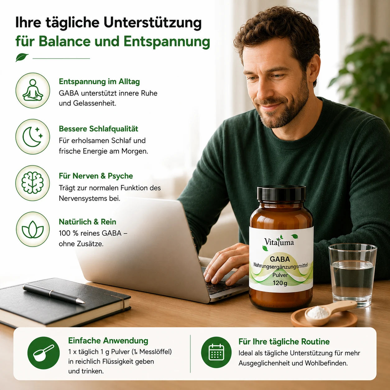Vitaluma GABA Pulver zur täglichen Anwendung mit 1 g Pulver und Messlöffel in reichlich Flüssigkeit eingerührt