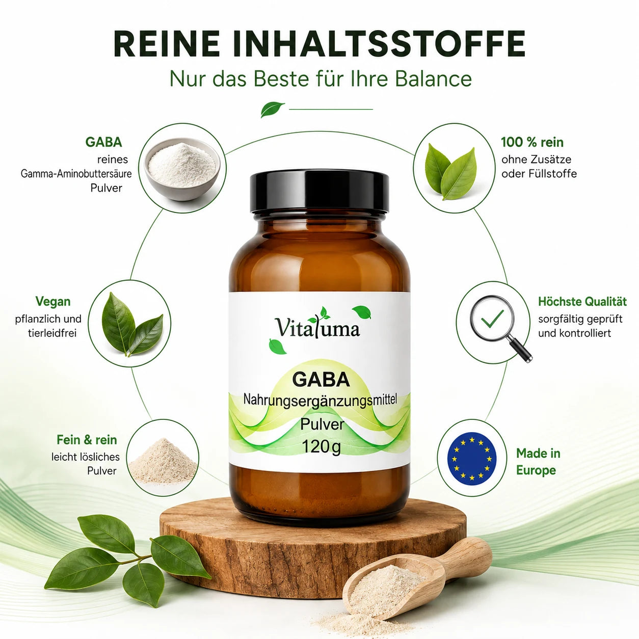 Vitaluma GABA Pulver mit 100 Prozent reinem GABA als Gamma-Aminobuttersäure ohne Zusätze und Füllstoffe