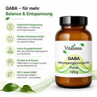 Vitaluma GABA Pulver mit übersichtlicher Darstellung der Produkteigenschaften für Balance und Entspannung im Alltag