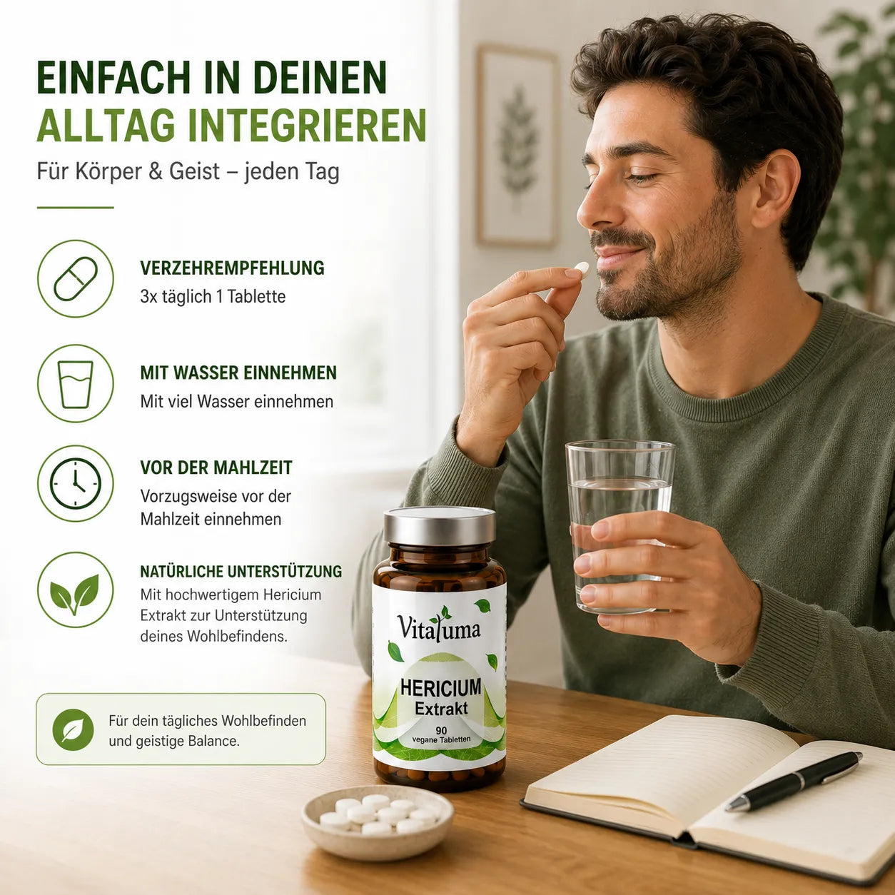 Vitaluma Hericium Extrakt einfache tägliche Anwendung mit Hericium Pilz Extrakt und veganen Tabletten