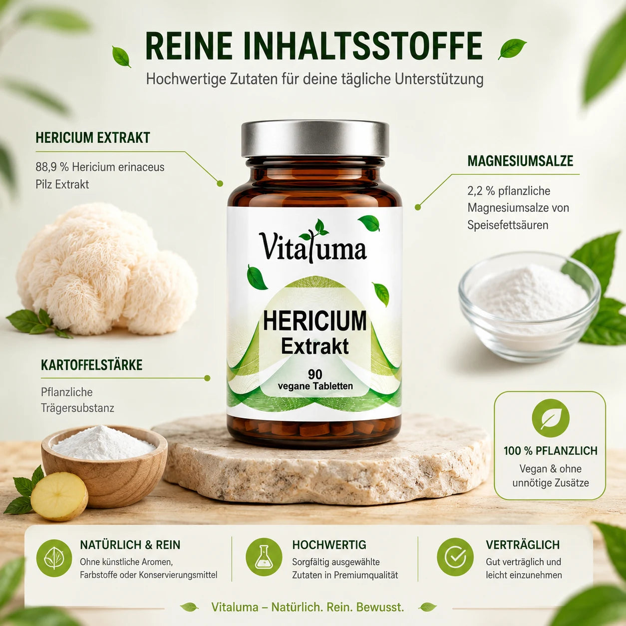 Vitaluma Hericium Extrakt mit Hericium erinaceus Pilz Extrakt, Kartoffelstärke und pflanzlichen Magnesiumsalzen