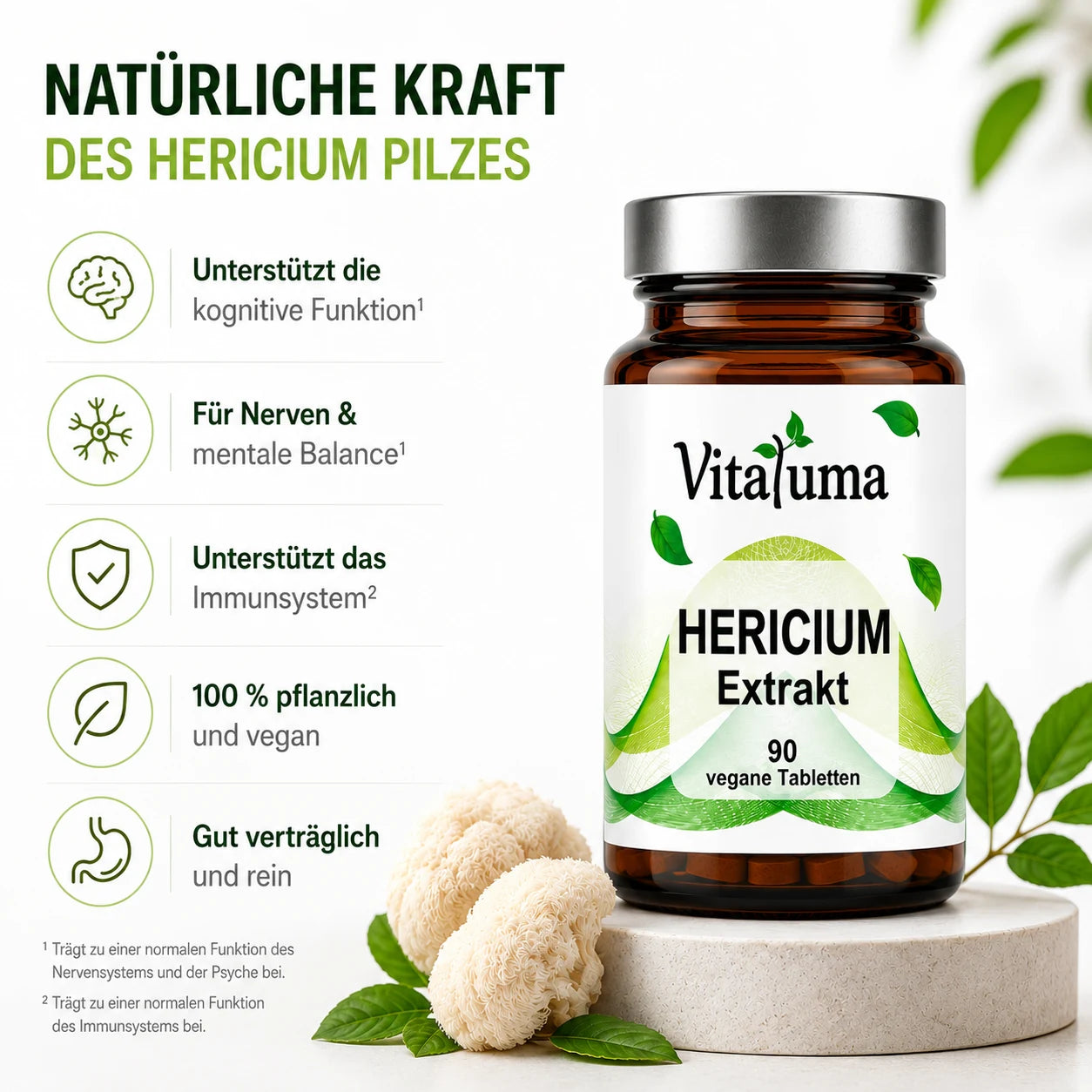 Vitaluma Hericium Extrakt mit Hericium Pilz Extrakt als veganes Nahrungsergänzungsmittel für den täglichen Einsatz