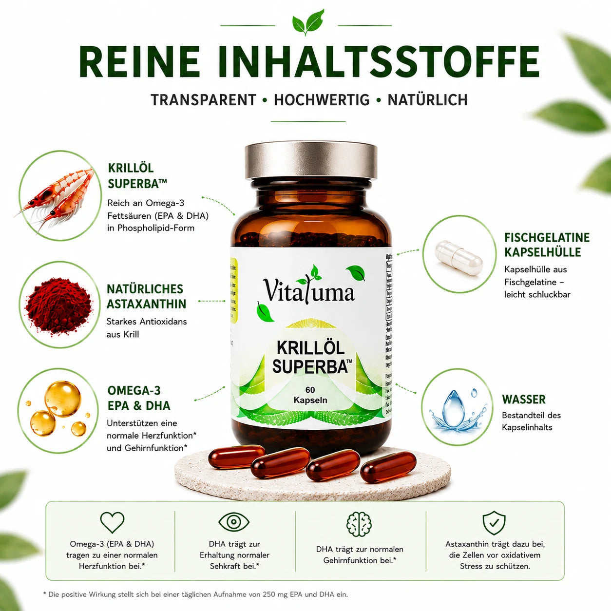 Vitaluma Krillöl Superba mit Krillöl Superba™, Fischgelatine-Kapselhülle, Astaxanthin sowie Omega-3 EPA und DHA.