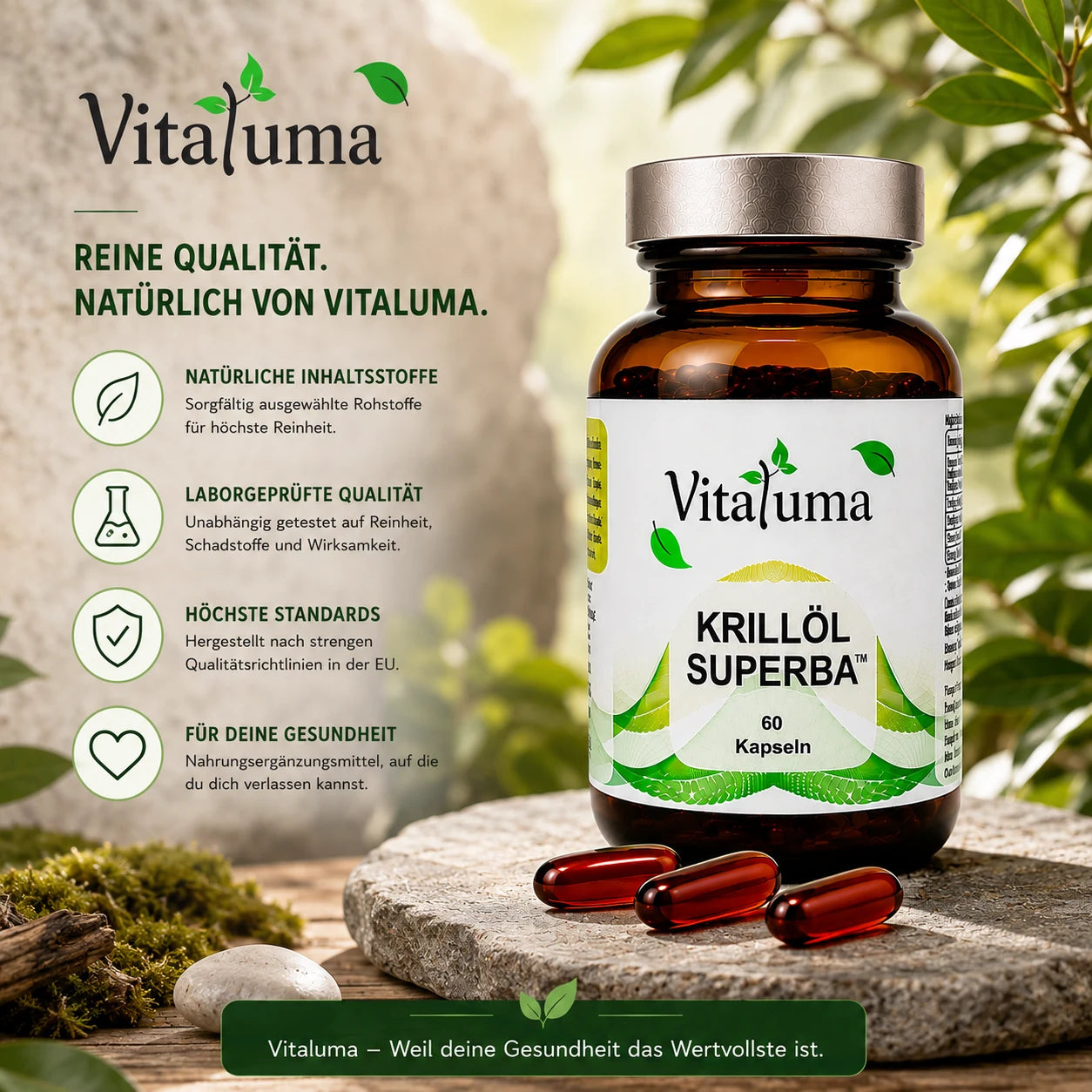 Vitaluma Krillöl Superba Premium-Nahrungsergänzung mit hochwertigen Rohstoffen und natürlicher Markenqualität.