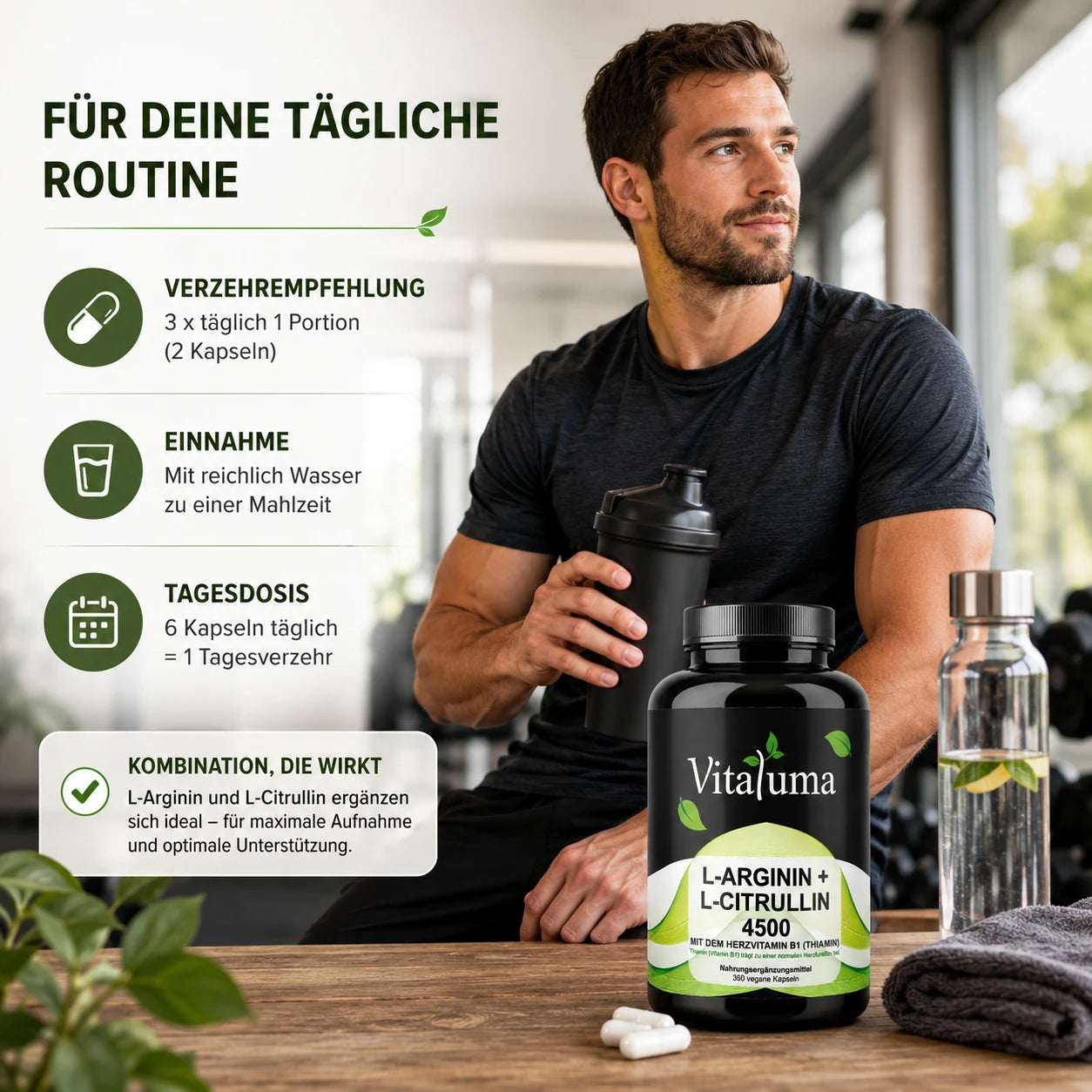 Vitaluma L-Arginin + L-Citrullin 4500 mit Anwendungsempfehlung für die tägliche Einnahme als veganes Nahrungsergänzungsmittel.