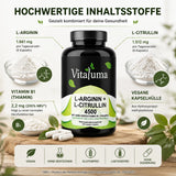 Vitaluma L-Arginin + L-Citrullin 4500 mit L-Arginin, L-Citrullin und Vitamin B1 in hochwertiger Inhaltsstoffübersicht.