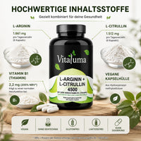 Vitaluma L-Arginin + L-Citrullin 4500 mit L-Arginin, L-Citrullin und Vitamin B1 in hochwertiger Inhaltsstoffübersicht.