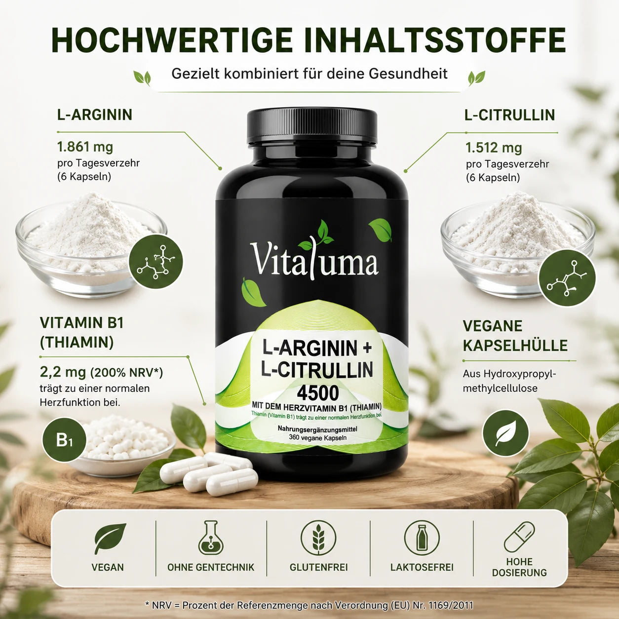 Vitaluma L-Arginin + L-Citrullin 4500 mit L-Arginin, L-Citrullin und Vitamin B1 in hochwertiger Inhaltsstoffübersicht.