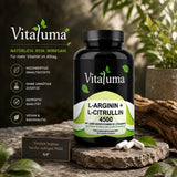 Vitaluma L-Arginin + L-Citrullin 4500 im hochwertigen Premium-Markendesign mit natürlicher Präsentation und veganen Kapseln.