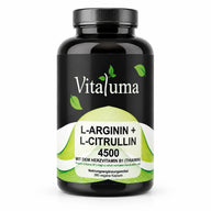 Vitaluma L-Arginin + L-Citrullin 4500 als veganes Nahrungsergänzungsmittel mit Vitamin B1 in hochwertiger Produktansicht.