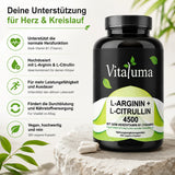 Vitaluma L-Arginin + L-Citrullin 4500 mit Vitamin B1 und übersichtlicher Darstellung der Produktvorteile für Herzfunktion und Alltag