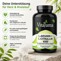 Vitaluma L-Arginin + L-Citrullin 4500 mit Vitamin B1 und übersichtlicher Darstellung der Produktvorteile für Herzfunktion und Alltag