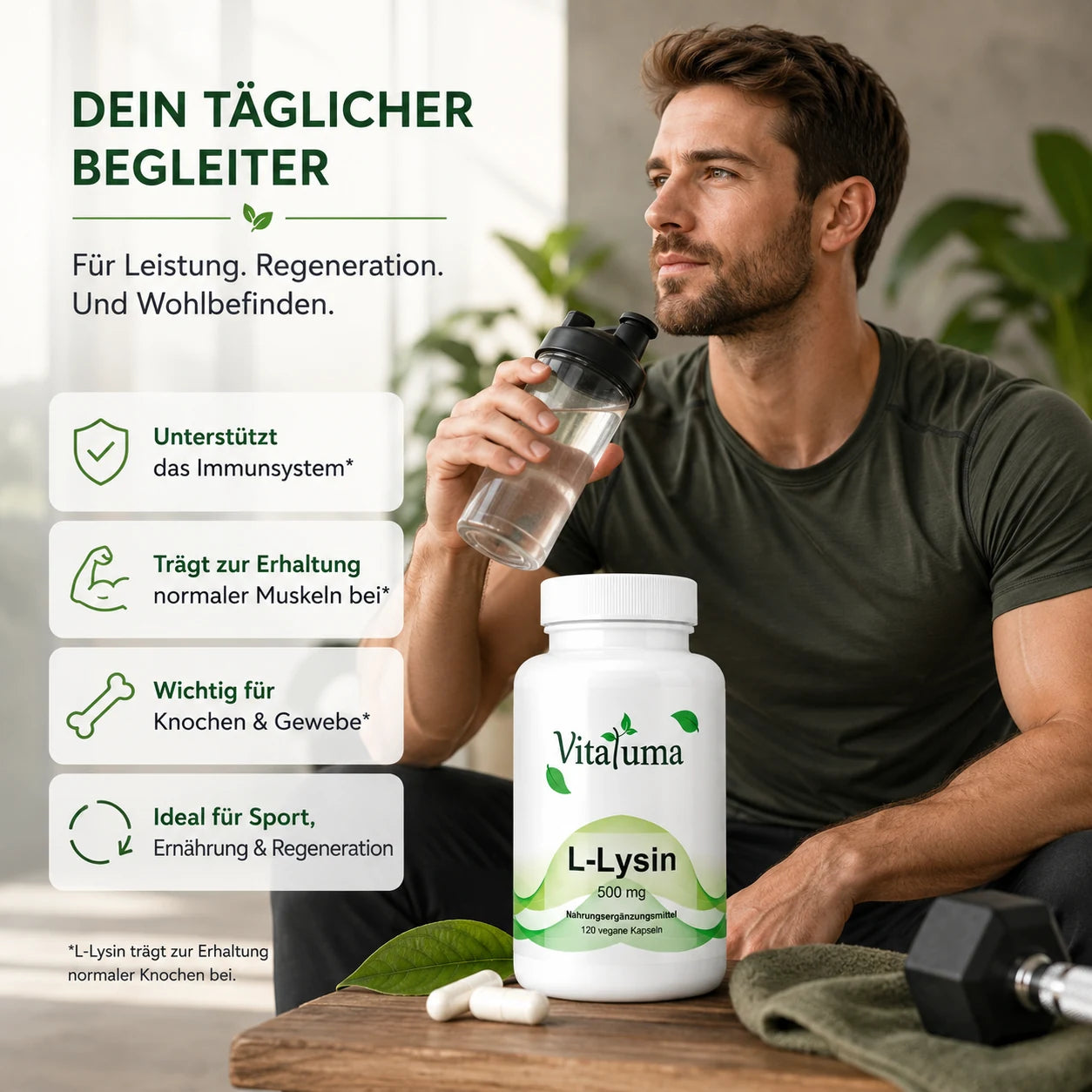 Vitaluma L-Lysin 500 mg vegane Kapseln für den täglichen Einsatz – hochwertiges Nahrungsergänzungsmittel für aktive Menschen.