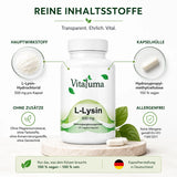 Vitaluma L-Lysin 500 mg mit L-Lysin-Hydrochlorid und veganer Kapselhülle – hochwertige und transparente Rezeptur.