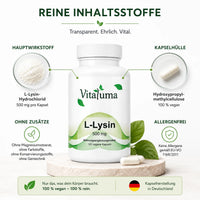 Vitaluma L-Lysin 500 mg mit L-Lysin-Hydrochlorid und veganer Kapselhülle – hochwertige und transparente Rezeptur.