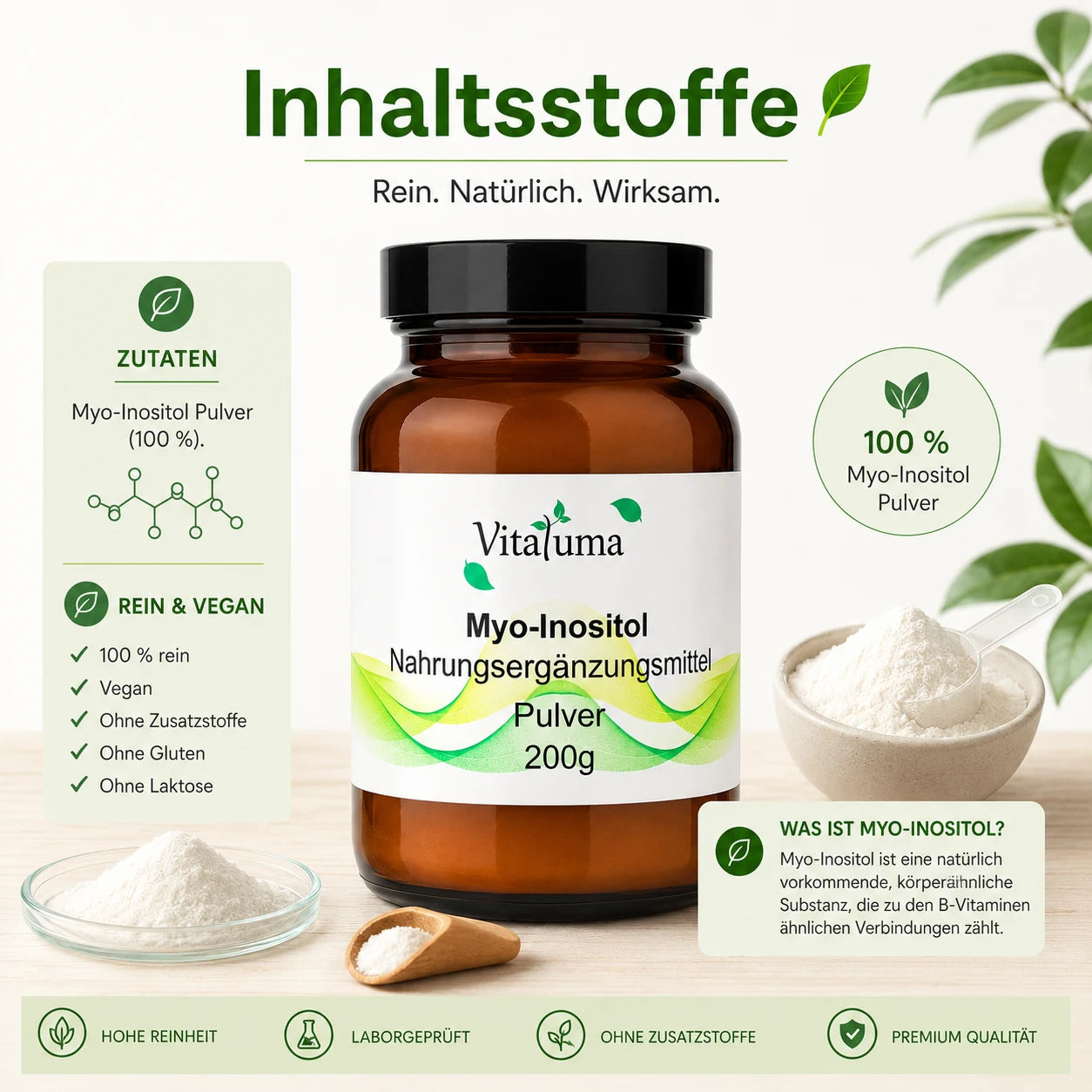Vitaluma Myo-Inositol Pulver mit 100 Prozent reinem Myo-Inositol und übersichtlicher Zutaten-Darstellung